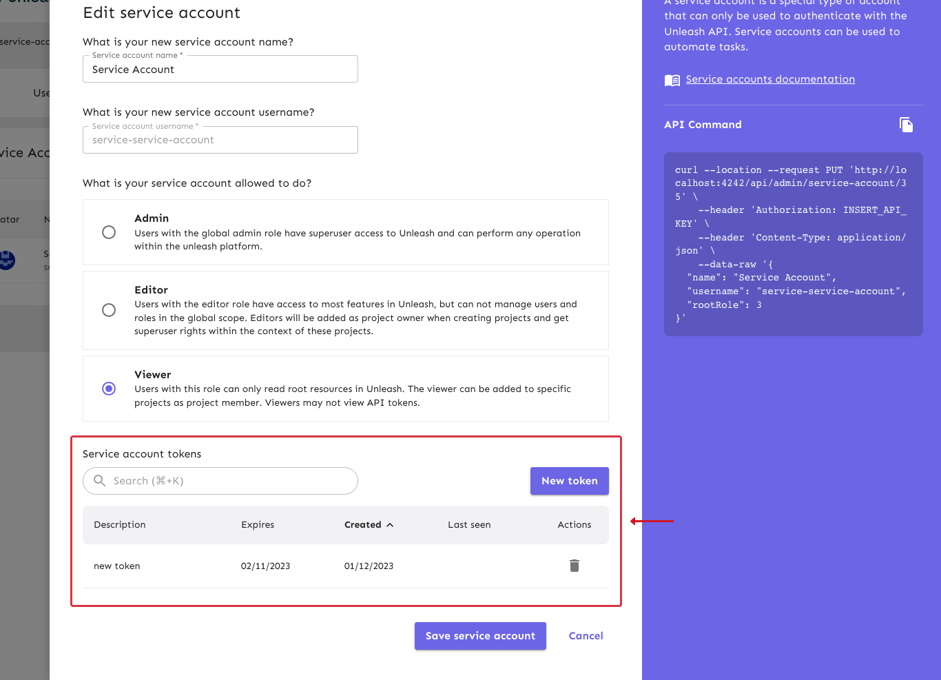 The service account form with the tokens table highlighted